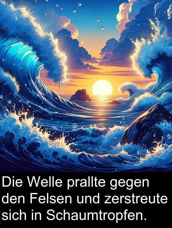 Felsen: Die Welle prallte gegen den Felsen und zerstreute sich in Schaumtropfen.