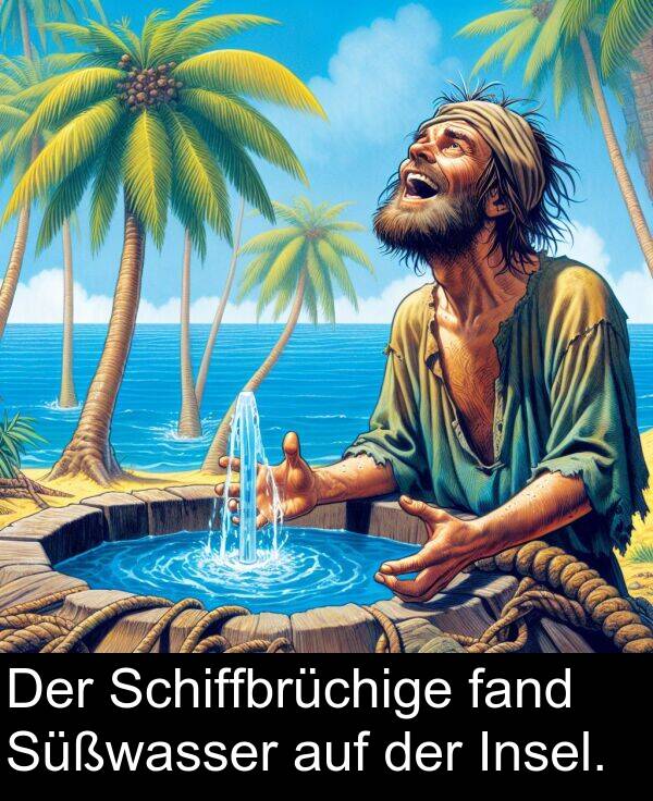 fand: Der Schiffbrüchige fand Süßwasser auf der Insel.