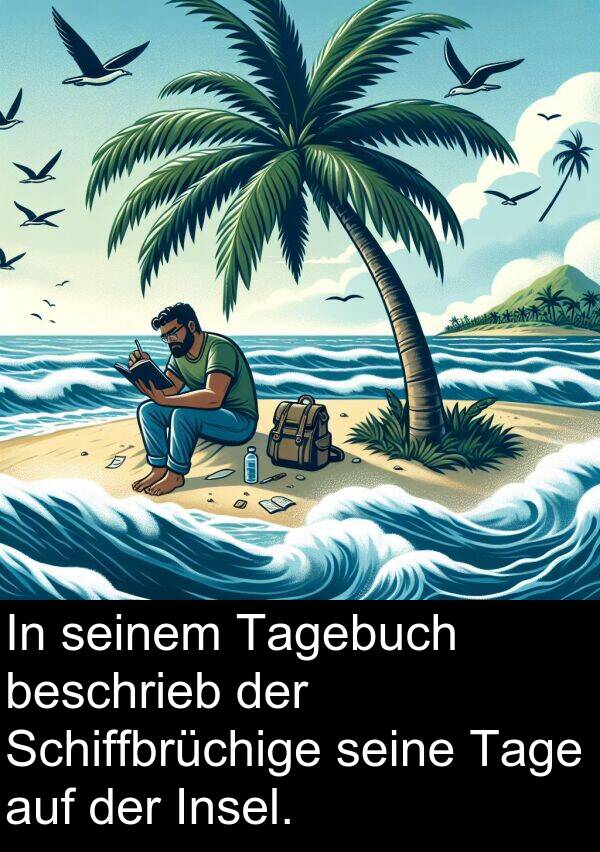 beschrieb: In seinem Tagebuch beschrieb der Schiffbrüchige seine Tage auf der Insel.