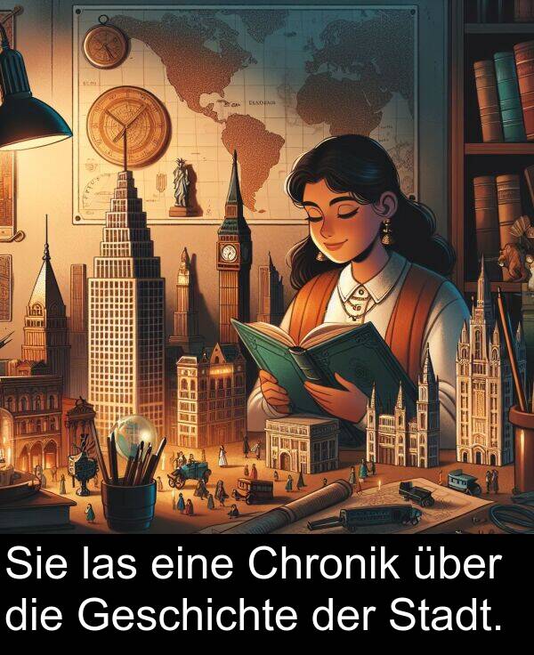 über: Sie las eine Chronik über die Geschichte der Stadt.