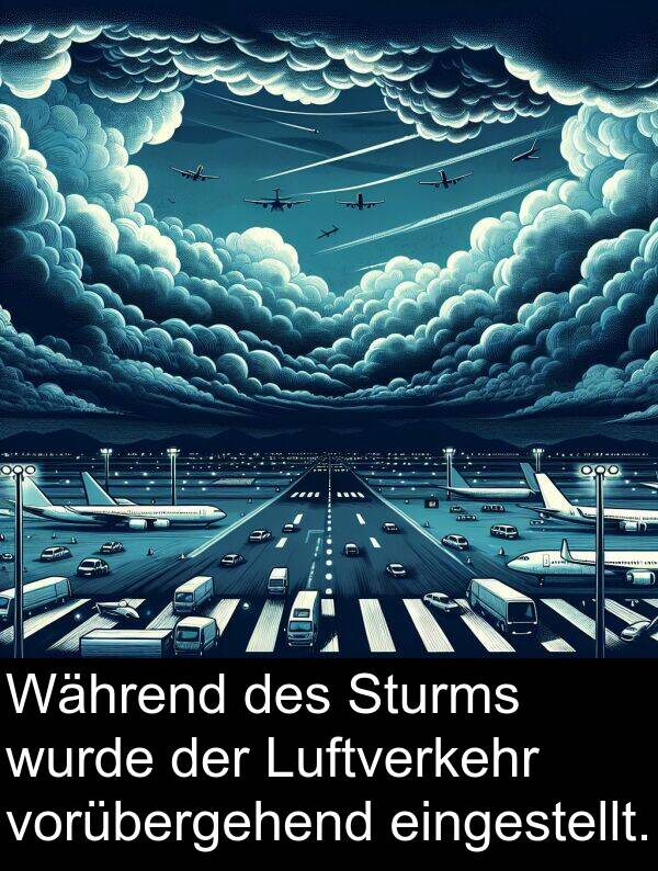Während: Während des Sturms wurde der Luftverkehr vorübergehend eingestellt.