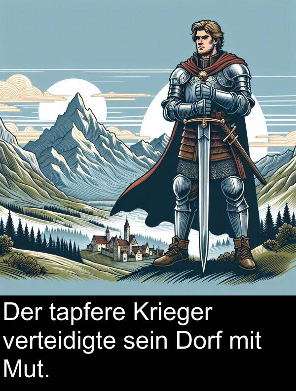 Dorf: Der tapfere Krieger verteidigte sein Dorf mit Mut.