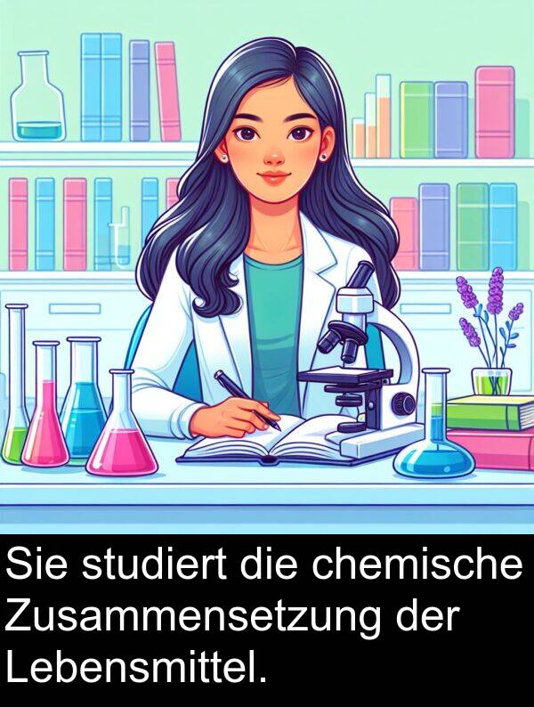 studiert: Sie studiert die chemische Zusammensetzung der Lebensmittel.