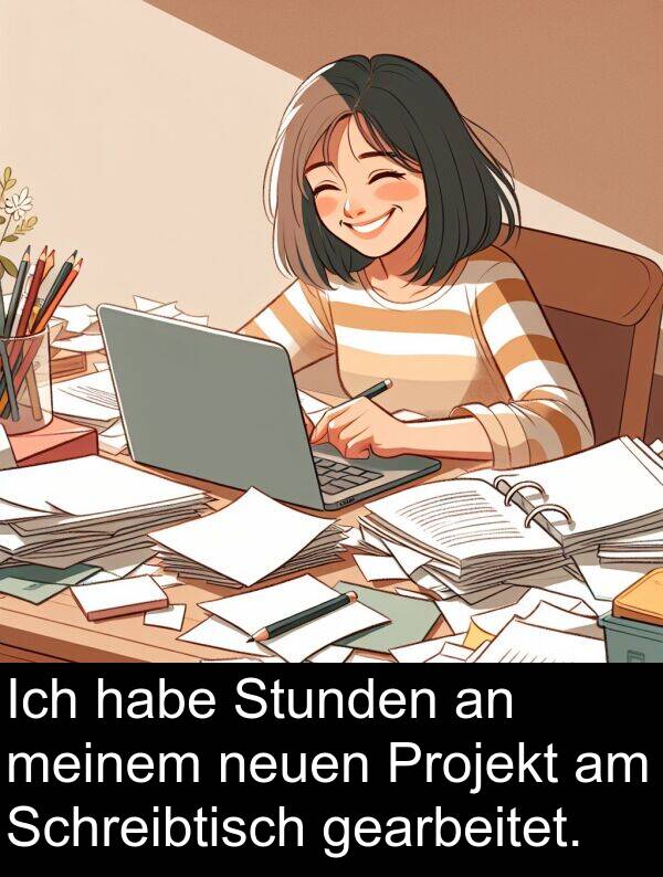 Projekt: Ich habe Stunden an meinem neuen Projekt am Schreibtisch gearbeitet.
