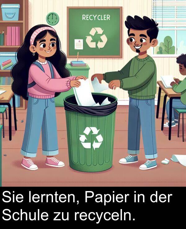 recyceln: Sie lernten, Papier in der Schule zu recyceln.