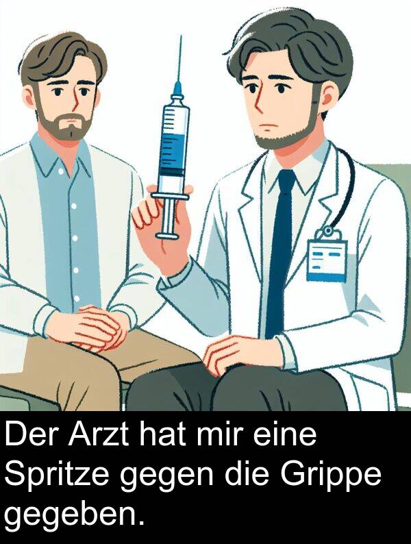 Arzt: Der Arzt hat mir eine Spritze gegen die Grippe gegeben.