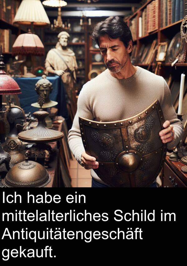 mittelalterliches: Ich habe ein mittelalterliches Schild im Antiquitätengeschäft gekauft.