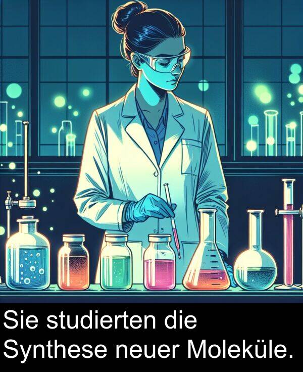 studierten: Sie studierten die Synthese neuer Moleküle.