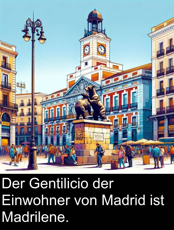 Madrilene: Der Gentilicio der Einwohner von Madrid ist Madrilene.