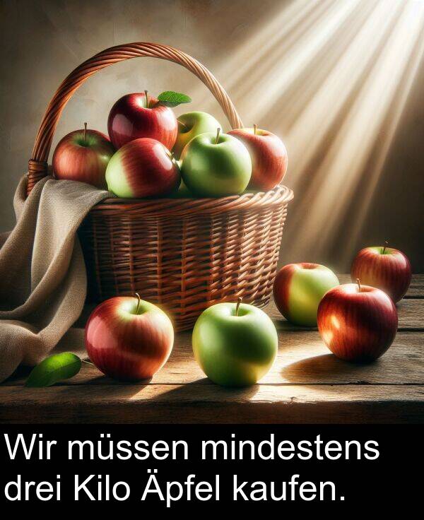 Wir: Wir müssen mindestens drei Kilo Äpfel kaufen.