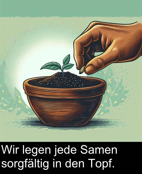 jede: Wir legen jede Samen sorgfältig in den Topf.