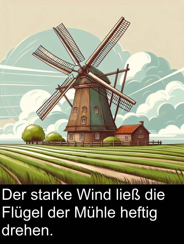 Flügel: Der starke Wind ließ die Flügel der Mühle heftig drehen.