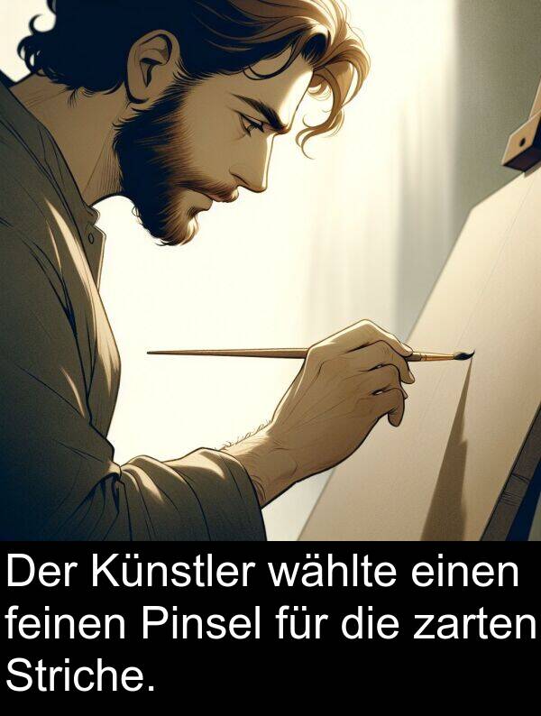 wählte: Der Künstler wählte einen feinen Pinsel für die zarten Striche.