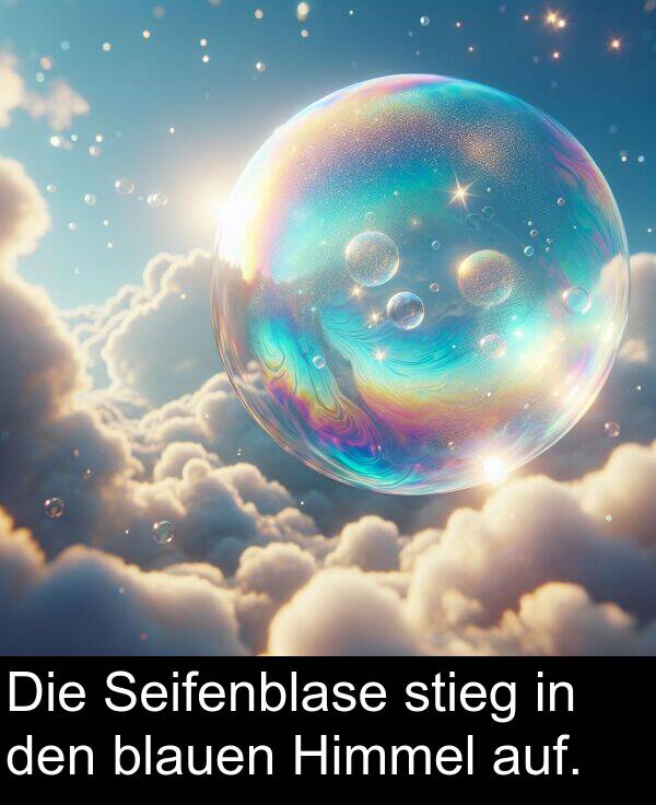 den: Die Seifenblase stieg in den blauen Himmel auf.