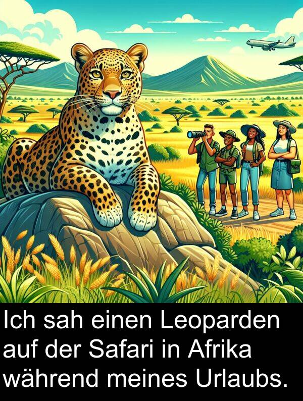 sah: Ich sah einen Leoparden auf der Safari in Afrika während meines Urlaubs.