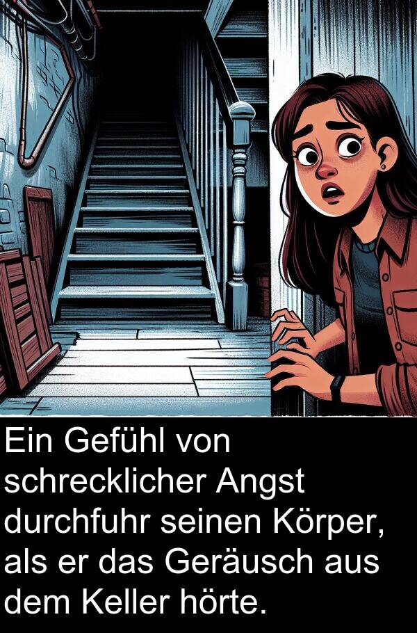 Körper: Ein Gefühl von schrecklicher Angst durchfuhr seinen Körper, als er das Geräusch aus dem Keller hörte.