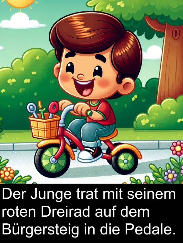 Dreirad: Der Junge trat mit seinem roten Dreirad auf dem Bürgersteig in die Pedale.