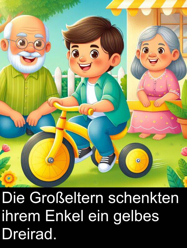 Dreirad: Die Großeltern schenkten ihrem Enkel ein gelbes Dreirad.