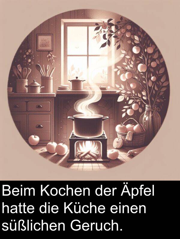 süßlichen: Beim Kochen der Äpfel hatte die Küche einen süßlichen Geruch.