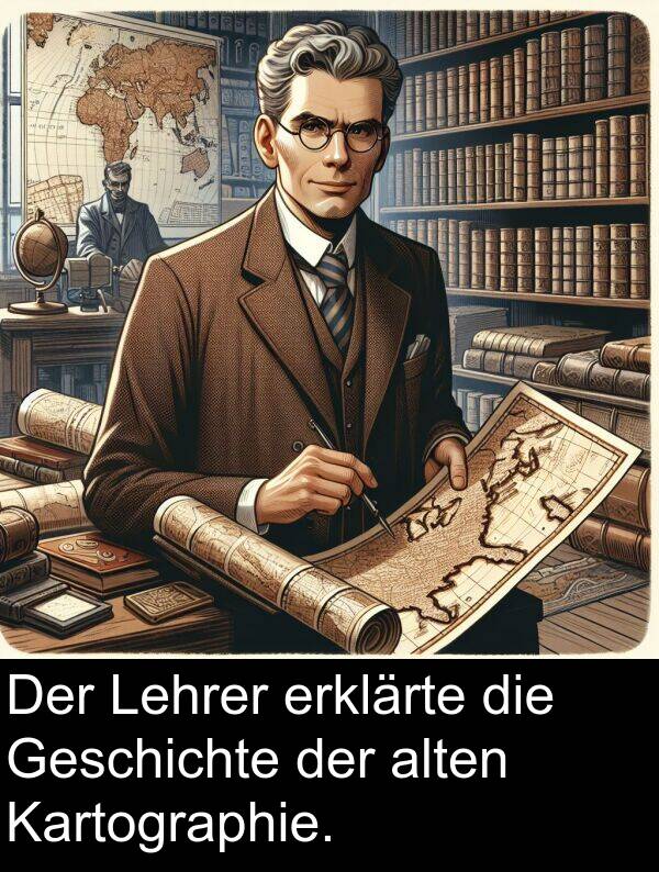 Lehrer: Der Lehrer erklärte die Geschichte der alten Kartographie.