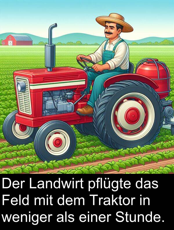 Feld: Der Landwirt pflügte das Feld mit dem Traktor in weniger als einer Stunde.