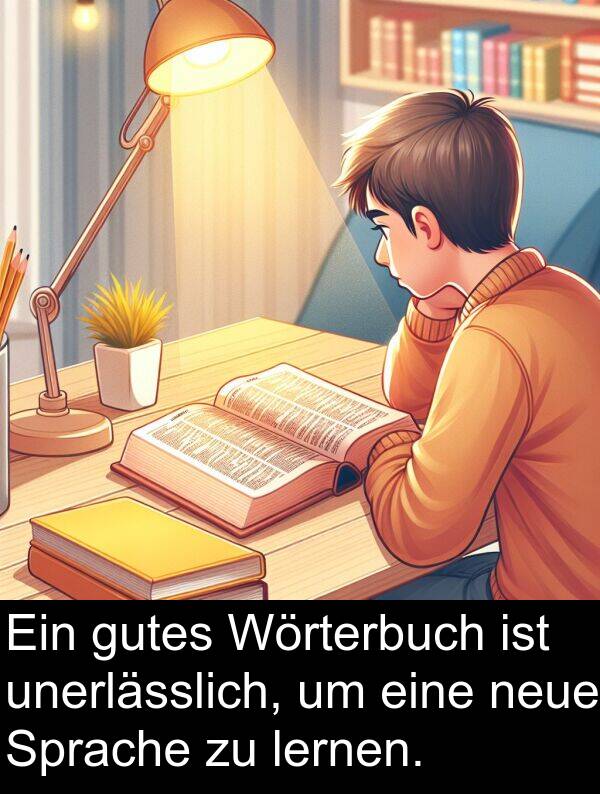 Wörterbuch: Ein gutes Wörterbuch ist unerlässlich, um eine neue Sprache zu lernen.