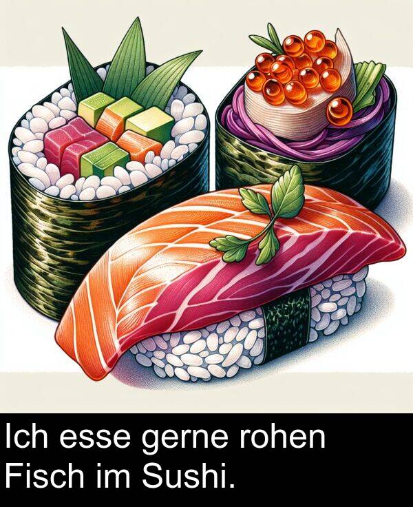 Fisch: Ich esse gerne rohen Fisch im Sushi.