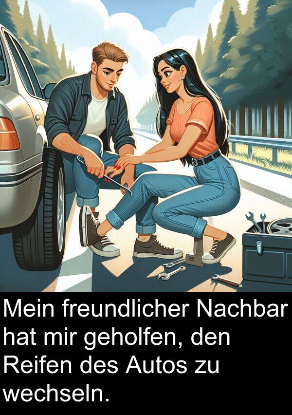 Autos: Mein freundlicher Nachbar hat mir geholfen, den Reifen des Autos zu wechseln.
