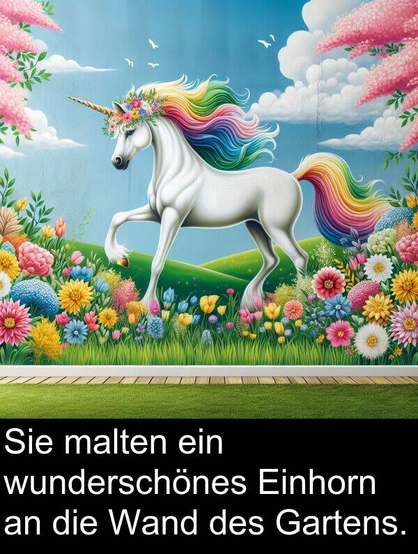 Wand: Sie malten ein wunderschönes Einhorn an die Wand des Gartens.