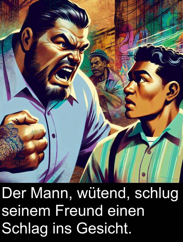 Gesicht: Der Mann, wütend, schlug seinem Freund einen Schlag ins Gesicht.