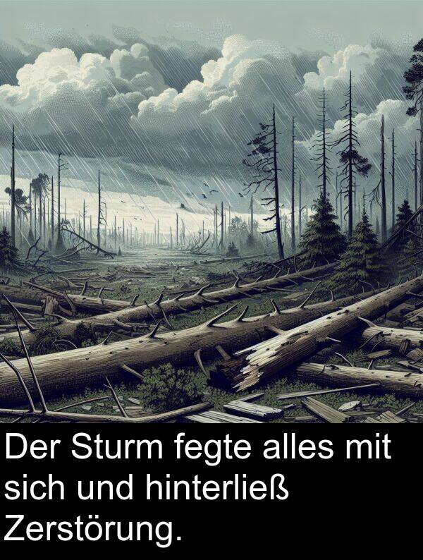 fegte: Der Sturm fegte alles mit sich und hinterließ Zerstörung.