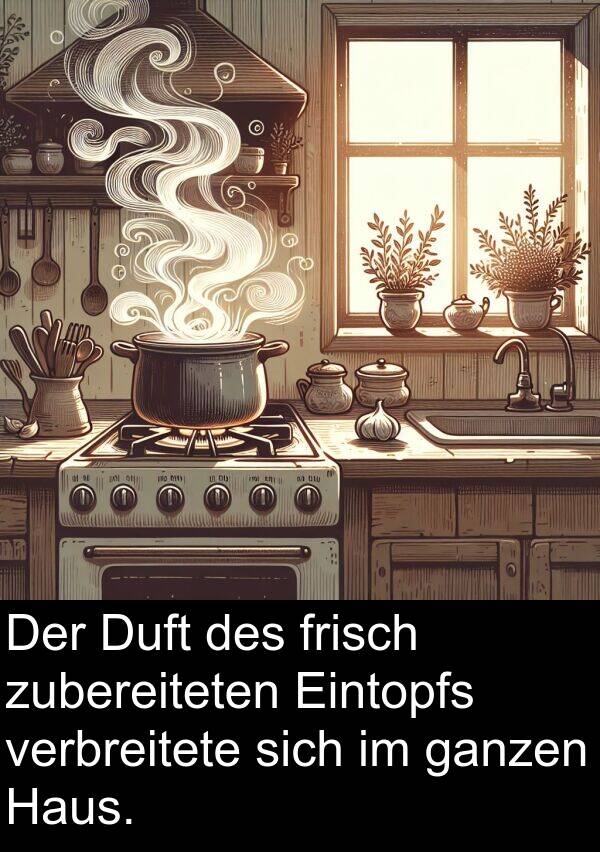 frisch: Der Duft des frisch zubereiteten Eintopfs verbreitete sich im ganzen Haus.