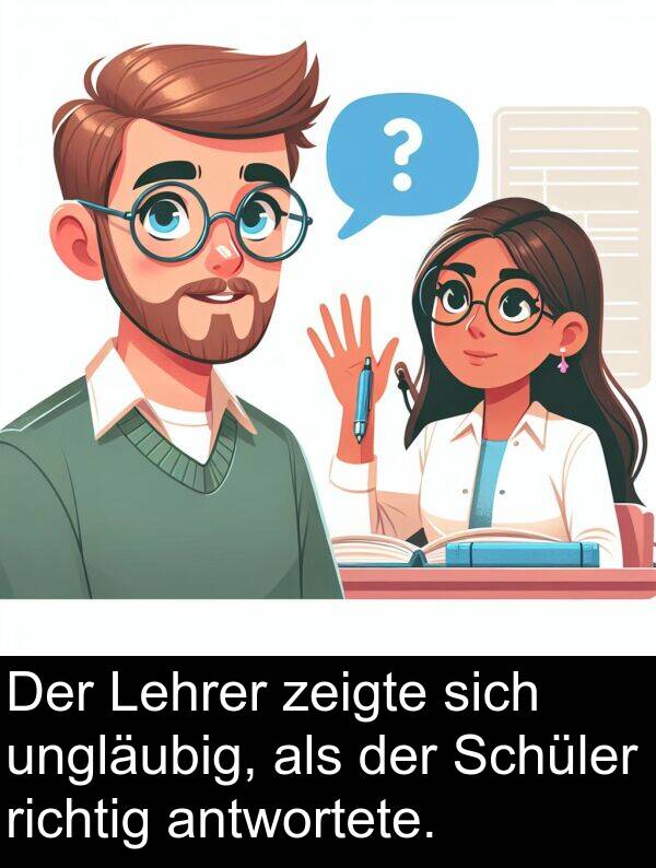 antwortete: Der Lehrer zeigte sich ungläubig, als der Schüler richtig antwortete.