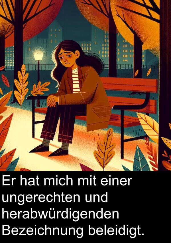 Bezeichnung: Er hat mich mit einer ungerechten und herabwürdigenden Bezeichnung beleidigt.