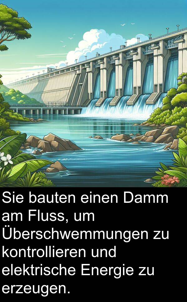 Damm: Sie bauten einen Damm am Fluss, um Überschwemmungen zu kontrollieren und elektrische Energie zu erzeugen.