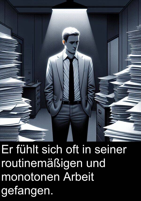 fühlt: Er fühlt sich oft in seiner routinemäßigen und monotonen Arbeit gefangen.