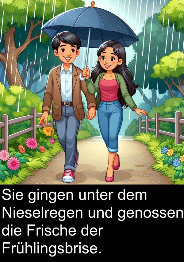 unter: Sie gingen unter dem Nieselregen und genossen die Frische der Frühlingsbrise.