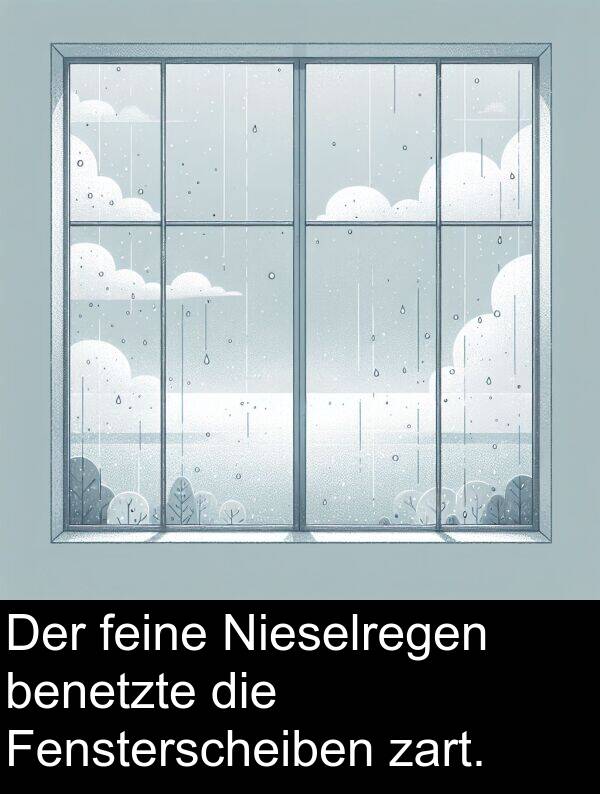 feine: Der feine Nieselregen benetzte die Fensterscheiben zart.
