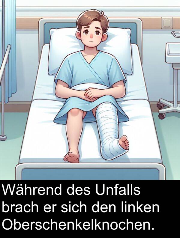 Während: Während des Unfalls brach er sich den linken Oberschenkelknochen.
