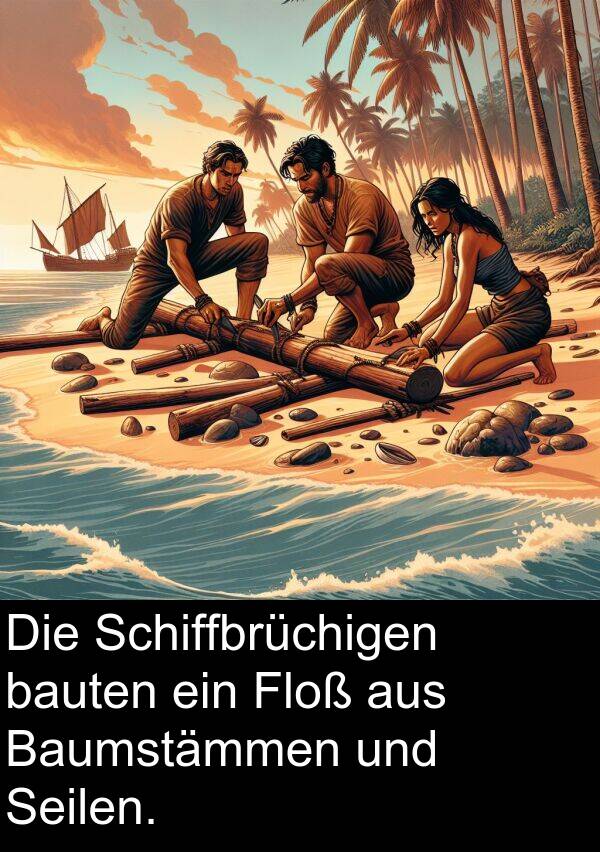 Floß: Die Schiffbrüchigen bauten ein Floß aus Baumstämmen und Seilen.