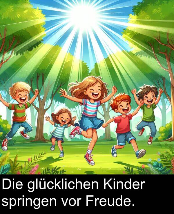 springen: Die glücklichen Kinder springen vor Freude.
