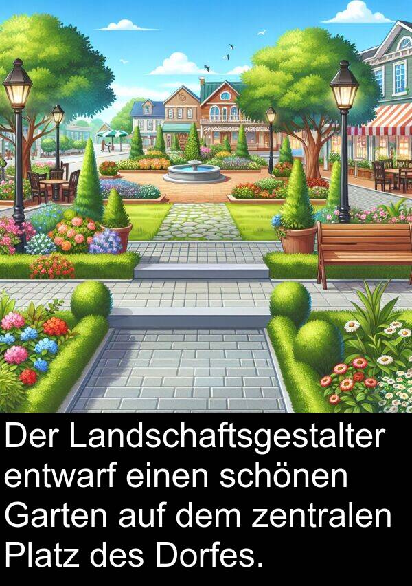 Dorfes: Der Landschaftsgestalter entwarf einen schönen Garten auf dem zentralen Platz des Dorfes.