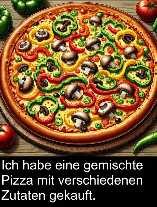 Zutaten: Ich habe eine gemischte Pizza mit verschiedenen Zutaten gekauft.