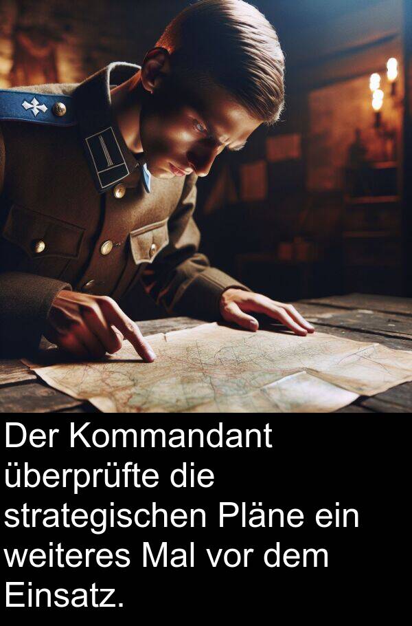 überprüfte: Der Kommandant überprüfte die strategischen Pläne ein weiteres Mal vor dem Einsatz.