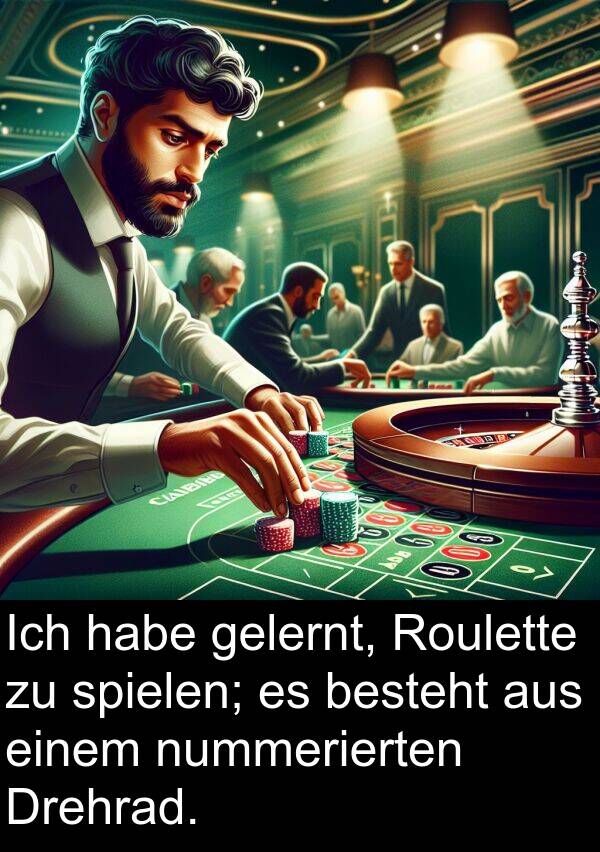 Drehrad: Ich habe gelernt, Roulette zu spielen; es besteht aus einem nummerierten Drehrad.