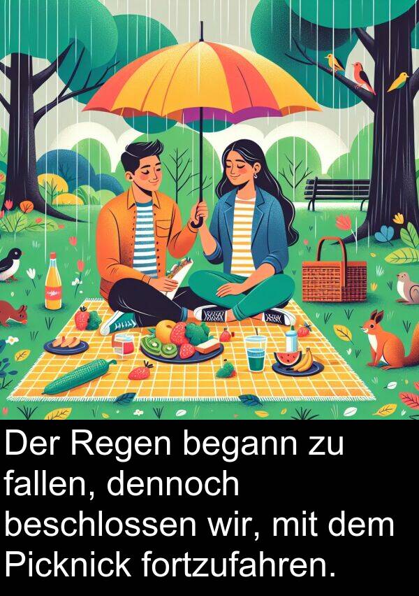 fallen: Der Regen begann zu fallen, dennoch beschlossen wir, mit dem Picknick fortzufahren.