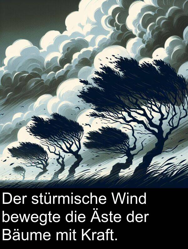 Wind: Der stürmische Wind bewegte die Äste der Bäume mit Kraft.