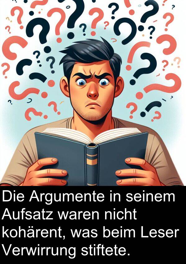 stiftete: Die Argumente in seinem Aufsatz waren nicht kohärent, was beim Leser Verwirrung stiftete.
