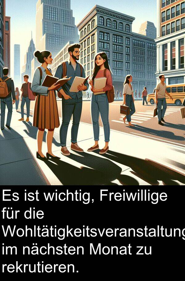 Wohltätigkeitsveranstaltung: Es ist wichtig, Freiwillige für die Wohltätigkeitsveranstaltung im nächsten Monat zu rekrutieren.