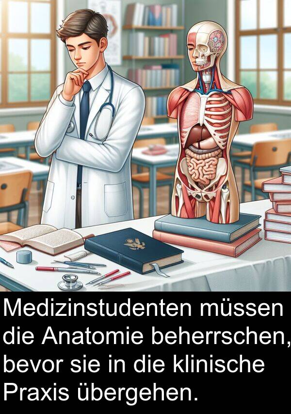 übergehen: Medizinstudenten müssen die Anatomie beherrschen, bevor sie in die klinische Praxis übergehen.